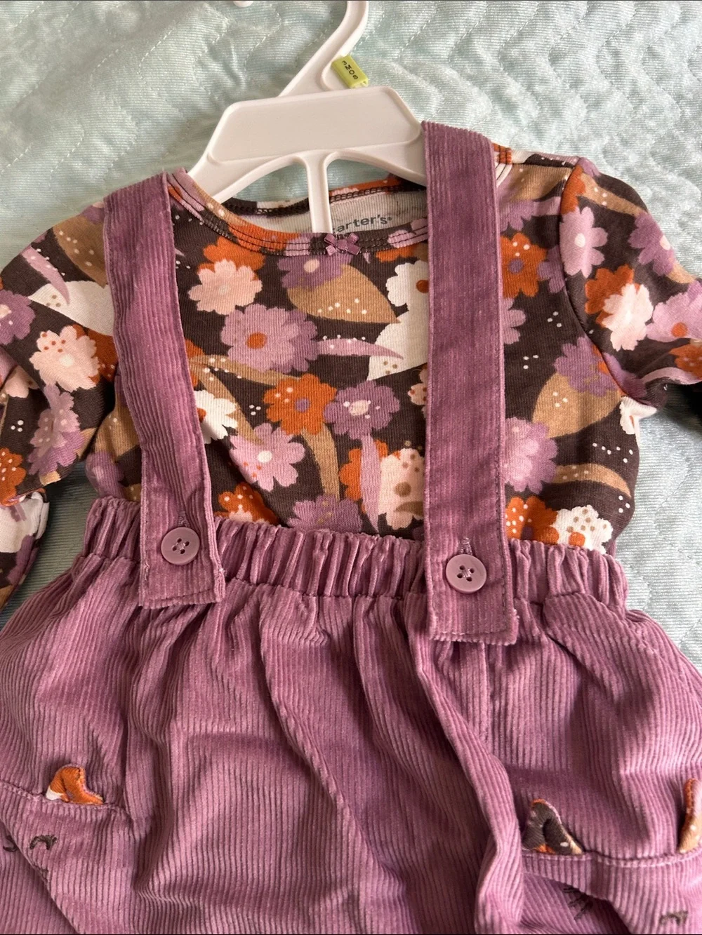 Corduroy Suspender Dress with Floral Bodysuit & Tights - Purple Floral